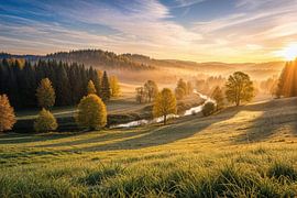 River Through Grassy Hills with Trees at Sunrise by Markus Gann