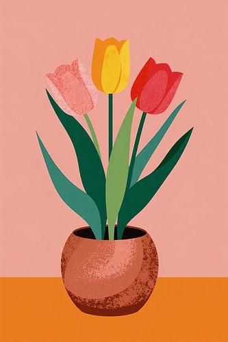 Three tulips in a pot on the table