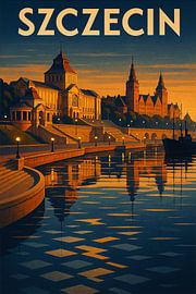Szczecin Haken Terras Poster - Wały Chrobrego & Oder rivier Art Print van Travel Shop
