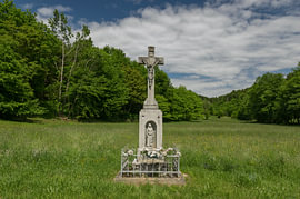 Steinkreuz am Wegesrand auf einer grünen ländlichen Wiese von Angelus H