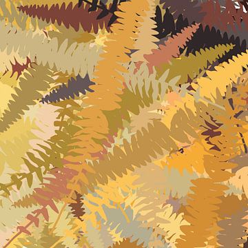 Moderne abstracte botanische kunst in warme retro kleuren. Varensbladeren in de herfst van Dina Dankers