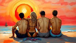 In the light of the last sun - Four young people on the beach in the red sunset by AidasignArt