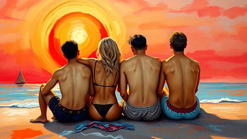 In het licht van de laatste zon - Vier jongeren op het strand in de rode zonsondergang