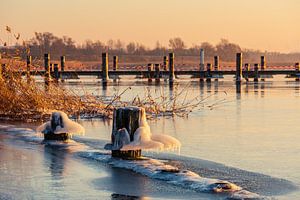 Blick über die Warnow mit Poller und Steg im Winter