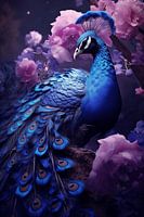 Paon bleu avec fleurs violettes