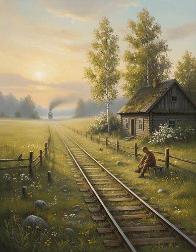 Landelijke spoorrails naast het houten huisje