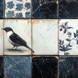 Zwart-witte tegels met een gedetailleerd vogelontwerp delfts blauw van Digitale Schilderijen