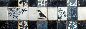 Zwart-witte tegels met een gedetailleerd vogelontwerp delfts blauw van Digitale Schilderijen