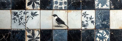 Zwart-witte tegels met een gedetailleerd vogelontwerp delfts blauw