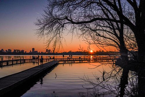sunset over lake silhouette