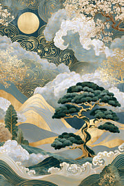 Luxuriöse japanische Berglandschaft mit Kiefern und Wellen von Digitale Schilderijen