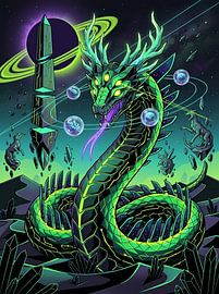 Grafische Illustration eines kosmischen Basilisken, einer Schlange, eines Drachen mit vielen Augen und eines Obelisken von The Deeper Way