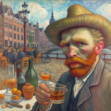 Vincent van Gogh mit Schnapsglas auf der Terrasse