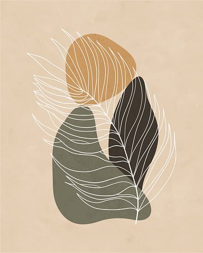 Minimalistisch landschap met een palmblad en drie vormen