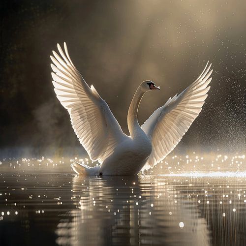 Un cygne gracieux déployant ses ailes sur une eau scintillante