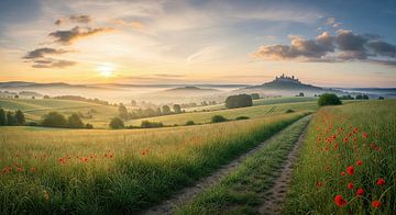 Rural Landscape with Castle, Path, and Poppy Field at Dawn by Markus Gann