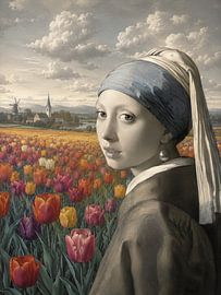 Girl with a pearl earring in a tulip field by Salt Theory