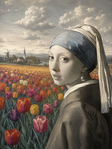 Mädchen mit einem Perlenohrring in einem Tulpenfeld