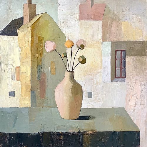 Scène de village ensoleillée