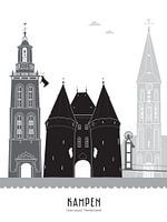 Skyline-Illustration Stadt Kampen schwarz-weiß-grau