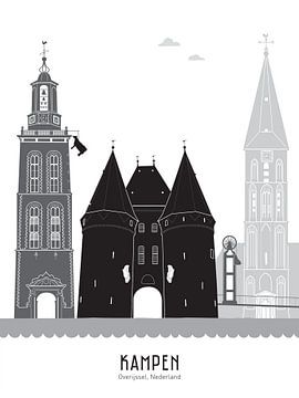 Skyline illustratie stad Kampen zwart-wit-grijs van Mevrouw Emmer