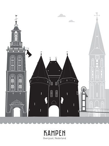 Illustration de la ligne d'horizon de la ville de Kampen noir-blanc-gris sur Mevrouw Emmer