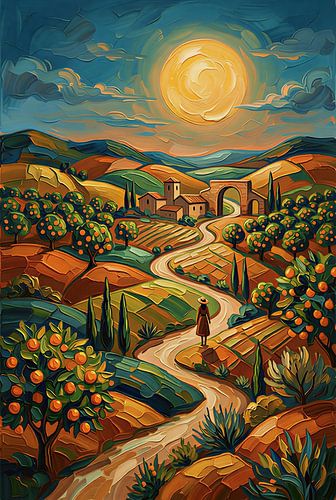 Impasto: Orangenhain am Hang mit gewundenem Pfad und goldener Sonne