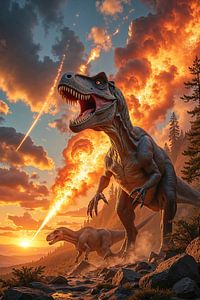 Fantasy Wall Art: EXTINCTOR - A Tyrannosaurus Rex and other dinosaurs witness the impact of a meteor