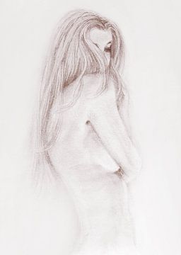 Schets jonge vrouw , discreet naakt grijs bruin van Krista Kitsz Art