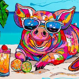 Happy pig on the beach by Happy Paintings