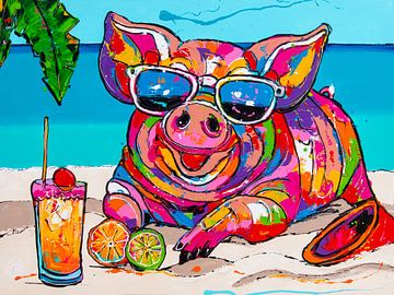 Cochon heureux sur la plage sur Happy Paintings