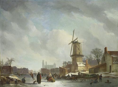 IJsvermaak op een stadsgracht, Abraham Johannes Couwenberg - 1830-1837