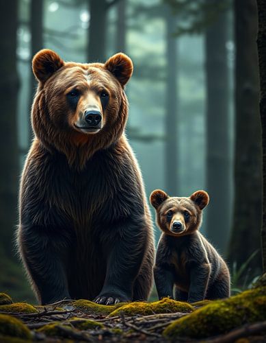 Mother bear and cub in the forest