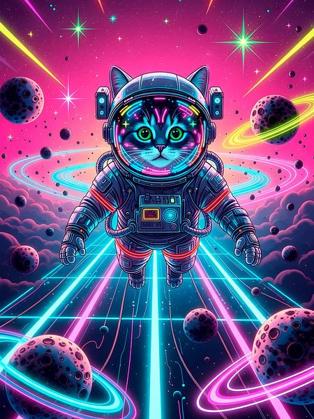 Neon kosmische Katze Astronaut schwebend unter vibrierenden galaktischen von HASANUL FAUZIE