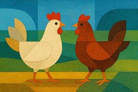 Illustration abstraite de poulets. sur Galerie Hoppenbrouwers