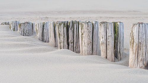 Ruhiger Rhythmus am Strand: Wellenbrecher verschwinden allmählich im Sand von Marjolijn van den Berg