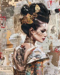 Silence d'or d'une femme tatouée dans un collage baroque