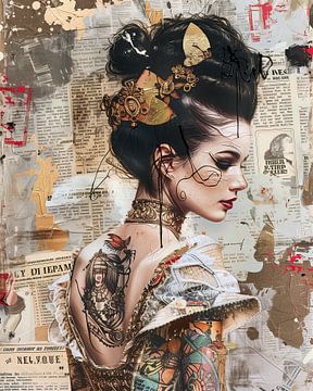 Golden Silence een vrouw met tattoo in barokke collage van Dutch Art Works