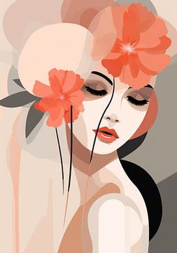Femme avec des fleurs sur Peinture Abstraite