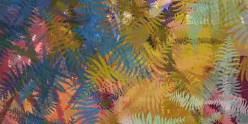 Kleurrijke abstracte botanische kunst. Varensbladeren in blauw, paars, bruin van Dina Dankers