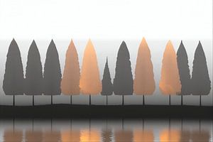 ZEN:: Minimalistische Baumreihe im Nebel mit warmen Lichtakzenten