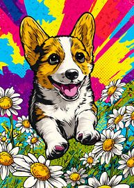 Fröhlicher Corgi in Wiese und Blumen