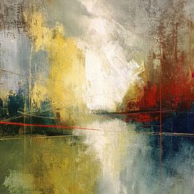 Abstrakte Malerei - Gelb, Grün und Blau mit roter Linie von Joriali Abstrakte Kunst