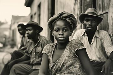 Vintage black and white photo of old citizens of the Caribbean with a young girl in the foreground by Animaflora PicsStock