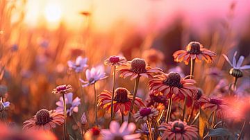 Champ de fleurs d'été au coucher du soleil sur Vlindertuin Art