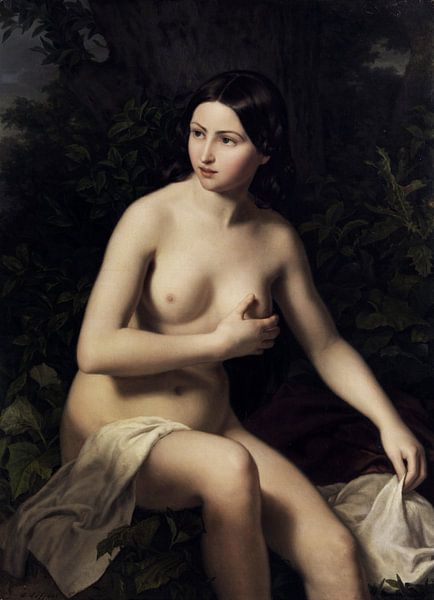Sitzendes Mädchen beim Baden, nackt, Ludwig Löffler (1819-1876), von Atelier Liesjes