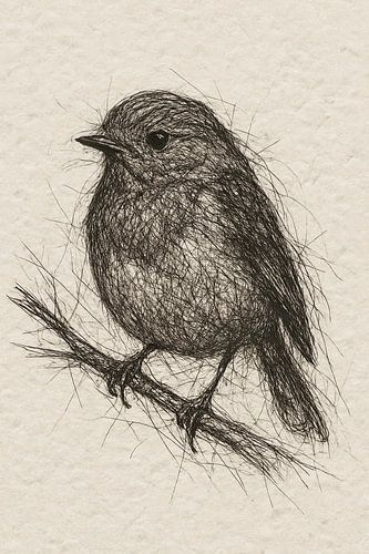 Thread portrait robin (birder nature bird branch realistic drawing black lines)