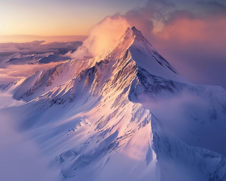 Sonnenaufgang über Schneegipfeln von fernlichtsicht