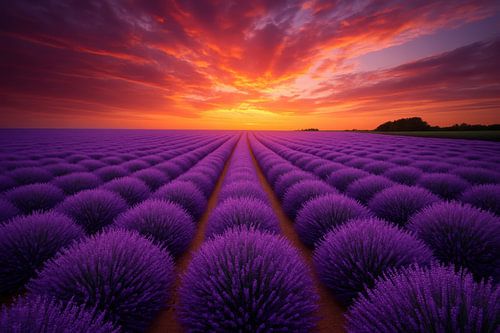 Perspectief over paarse lavendelrijen