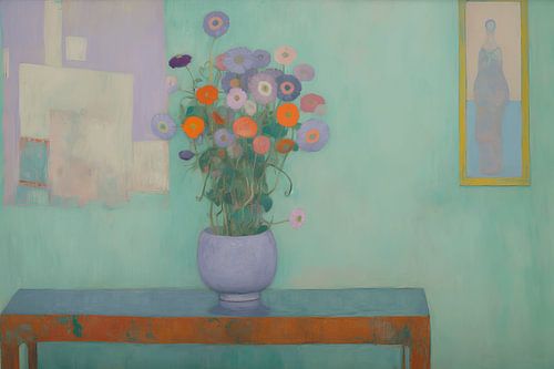 Stilleven van een vaas met bloemen in voornamelijk groentinten